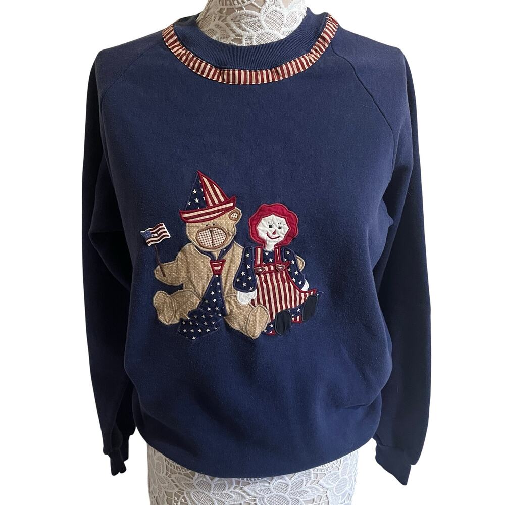 Vintage Jerzees USA Blue Sweatshirt Teddy Bear, Doll & American Flag Women’s XL